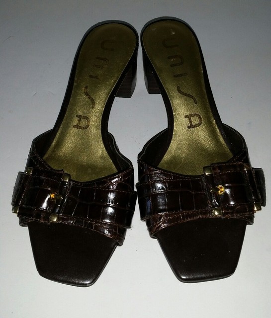 Unisa brown leather faux croc block heel slides mules sandals. 7 | eBay