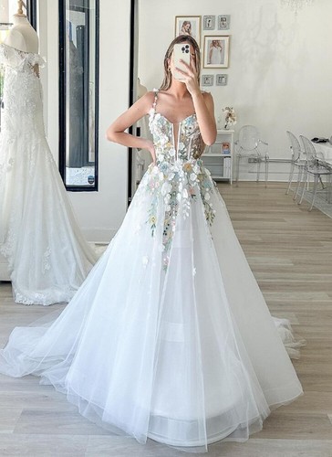 Romantische Brautkleider mit Trägern Spitzenapplikationen Illusion A-Linie Brautkleider - Bild 3 von 13