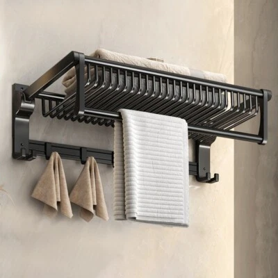 MYHOMEWARE Towel Rail Holder Black Luxury Wall Mounted Rack Shelf With Mesh Bathroom Adjust