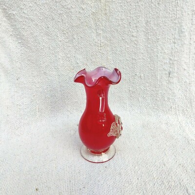 花瓶　54545 花瓶 54545 Vintage Flower Vase Floral Red White Glass Pontil