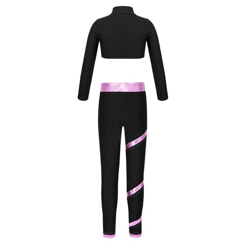 Kids Girls Crop Top With Pants Rhinestones Sports Outfits Figure Skating Shiny - Picture 24 of 55