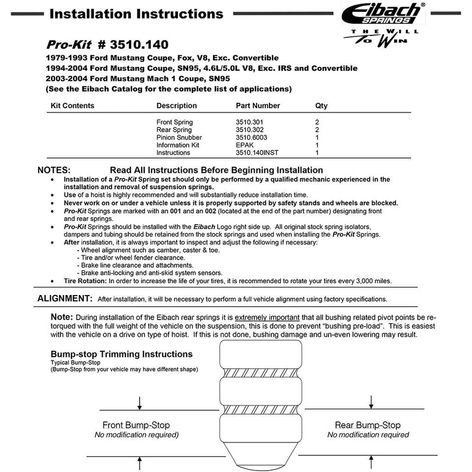 Kit de resortes rebajadores delanteros traseros Eibach 3510.140 PRO-KIT para Ford Mustang 1979-04 Foto 2 de 4
