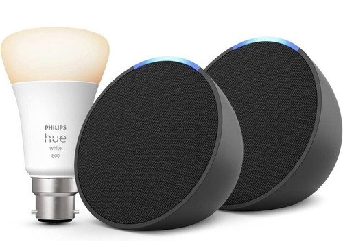 Echo Pop Charcoal, Amazon 2-Pack + Philips Hue White Smart Light Bulb LED (B22)