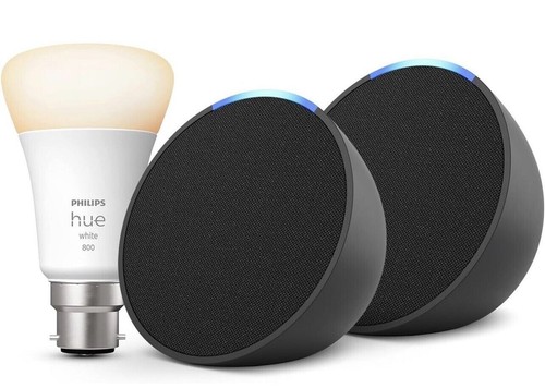 Amazon Echo Pop węgiel drzewny, 2-pak + biała inteligentna żarówka Philips Hue LED (B22) - Zdjęcie 1 z 2