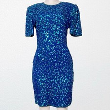 NEW Vintage Scala Hand crafted Silk Sequins Evening Dress SZ M Blue