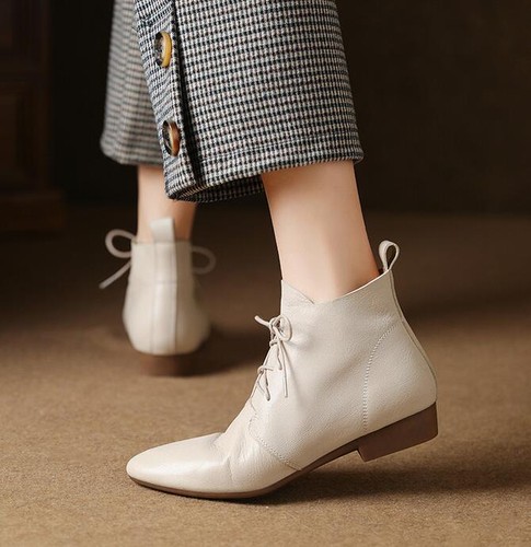 Damen Kunstleder Stiefeletten Slipper Schuhe spitz zulaufend Schnürung Retro formell - Bild 12 von 25