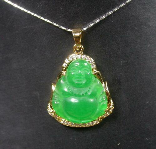 Real Green Jade Imitation Diamond Buddha Blessing Gold Plated Pendant Necklace - Picture 1 of 10