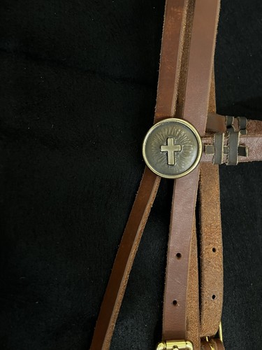 Harness Leather  bridle with bit & brass hardware, bronze rosettes horse size - Afbeelding 5 van 7