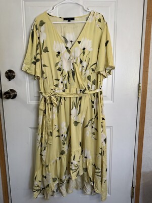 NWOT RACHEL ROY Womens Faux Wrap Style Tiered Hem Dress Yellow Floral 3x Preppy
