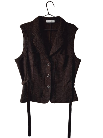 Public Easy Wear 100% Wool Vest – Brown Herringbone, Button Front, Belted S44