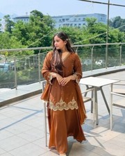 Copper Heavy Faux Georgette Palazzo Suit With Dupatta For Traditional Wear