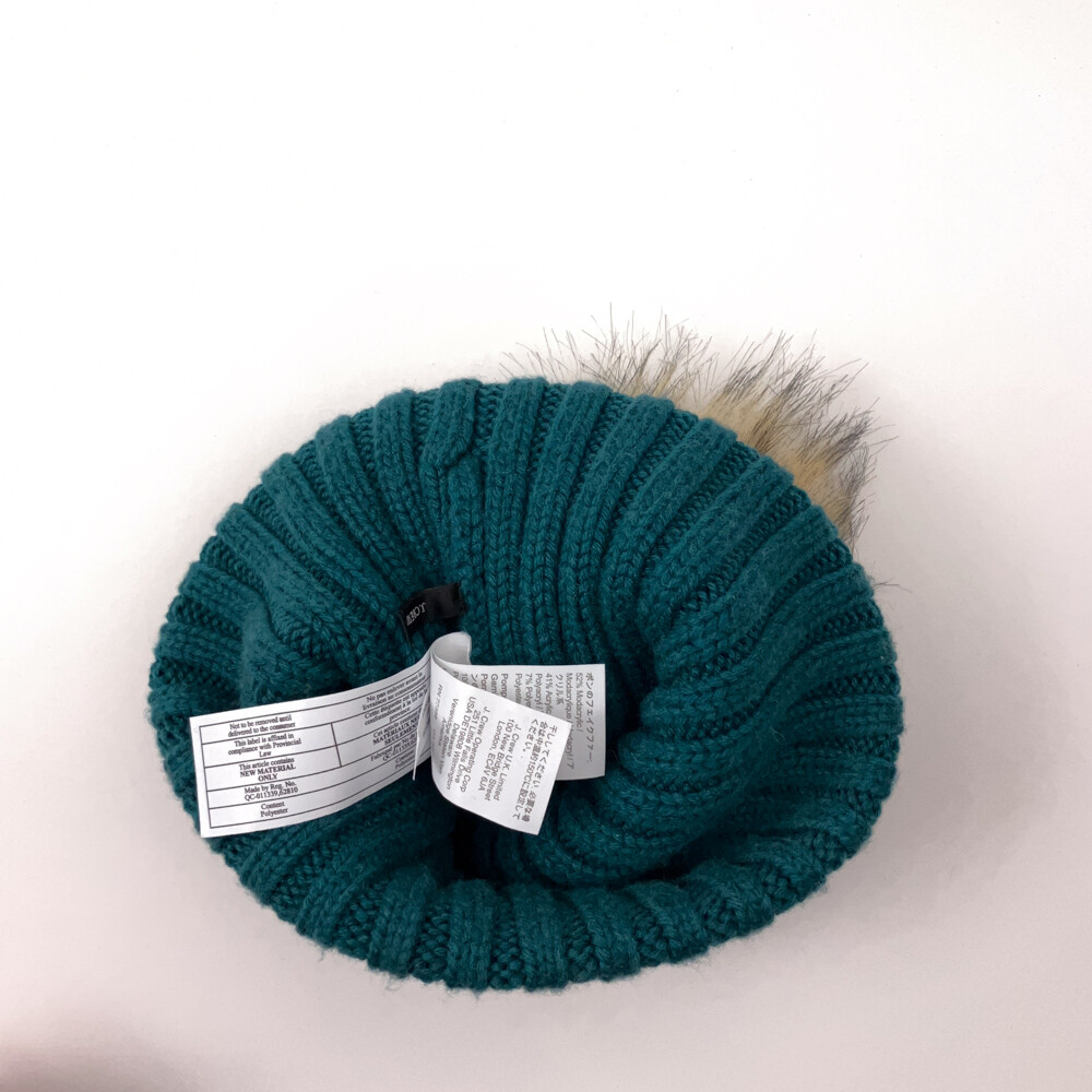 J. Crew Green Rib Knit Cuff Winter Hat Big Faux Fur Pom Pom  display picture 1