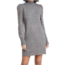 Wayf Dress-Lola Mini Sweater Dress Grey Knit Mock Neck Long Puff Sleeve - Size S