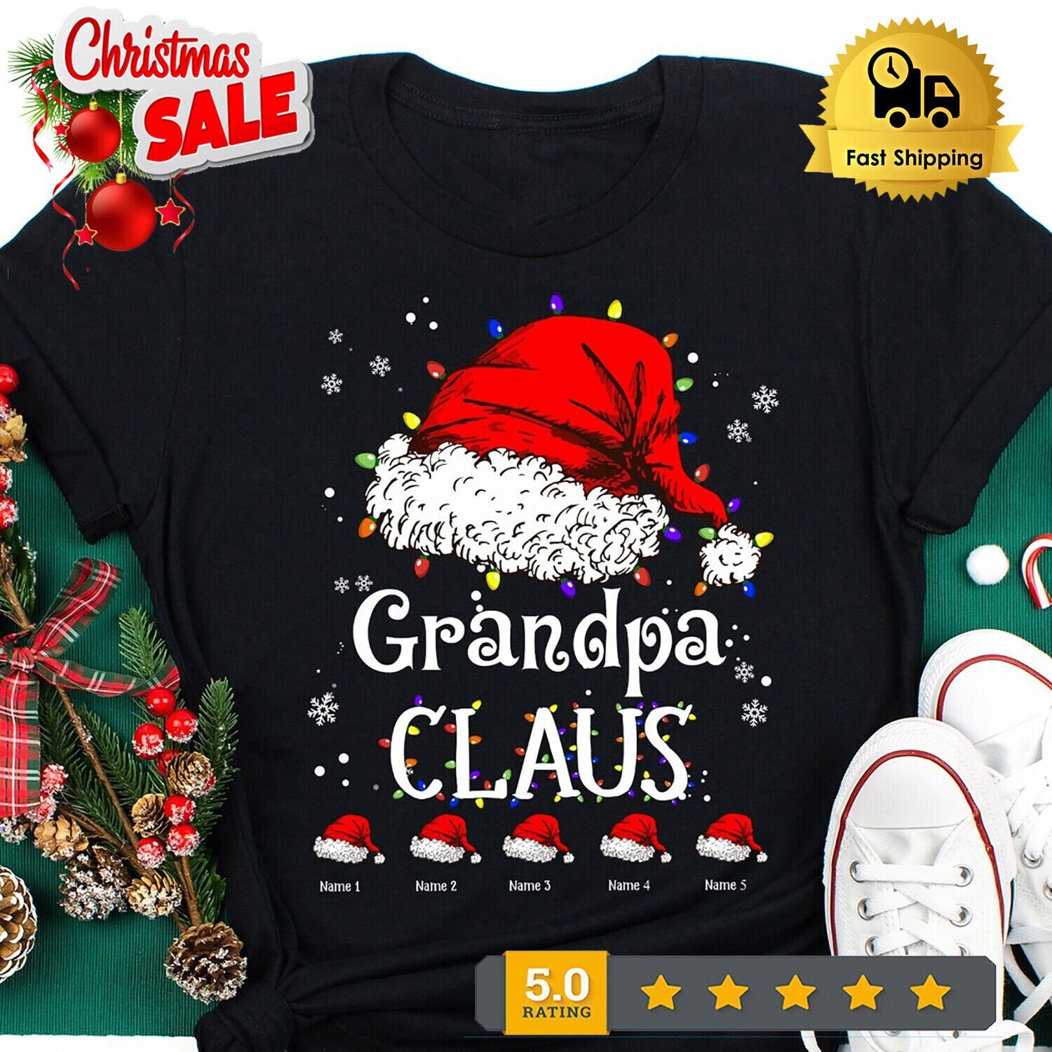 Personalized Christmas Kid Name Grandpa Shirt, Grandpa Claus Santa T-Shirt S-5XL
