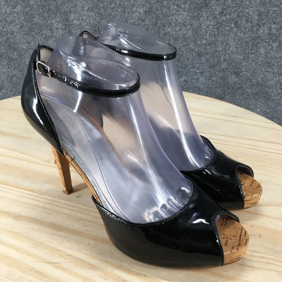 Guess Heels Womens 8.5 M Pump Black Patent Leather Peep Toe Ankle Strap Stiletto - Image 3 of 4