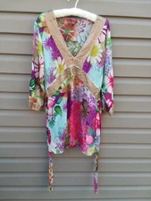Julie G Large Floral Sequins Pheasant Boho Style Tunic Top Blouse