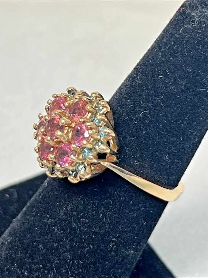 ANEL DE NATAL OURO 14K anel de granada verde turmalina rosa e tsavorita tamanho 6 - Imagem 4 de 4