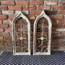Pair of Gothic Arch Wall Decor Distressed Wood Metal Architectural Panels 30"