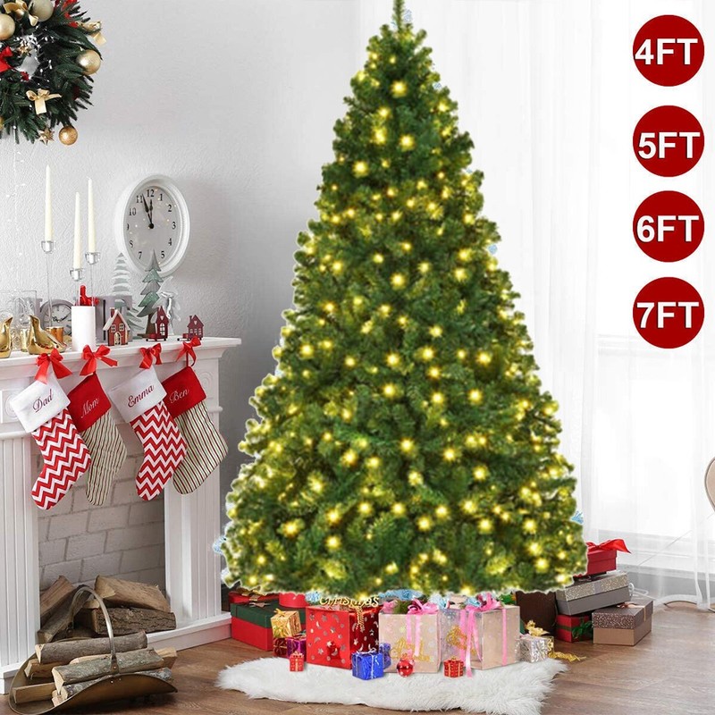 4/5/6/7FT Artificial Christmas Tree Spruce with LED Lights Holiday Xmas Decor