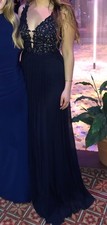Faviana Navy Beaded Prom Dress Gown Size 8 Embellished Maxi Formal