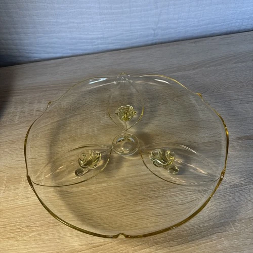 Elegant Yellow Depression Glass Round 3 Footed Plate 10” Vintage