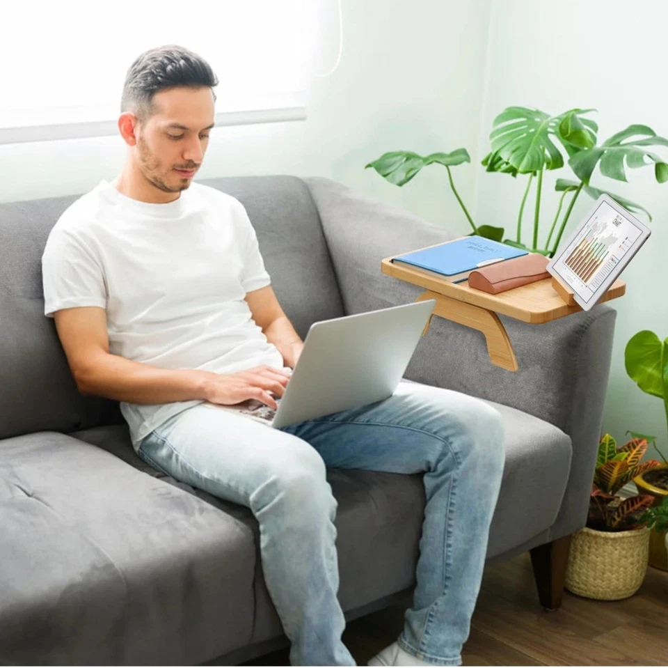 Bamboo Sofa Tray Table Clip on Side Table Couch Arm W/ Rotating Phone Holder - Image 4 of 4