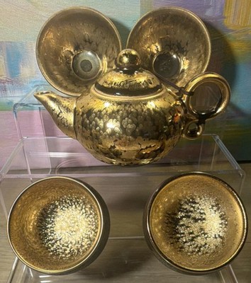 Gold Crackle Glaze Ceramic Tea Set Metallic Finish Teapot, 4 Cups, Lid, Handles
