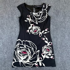 White House Black Market Shift Dress Womens Medium Black Floral Print Cap Sleeve