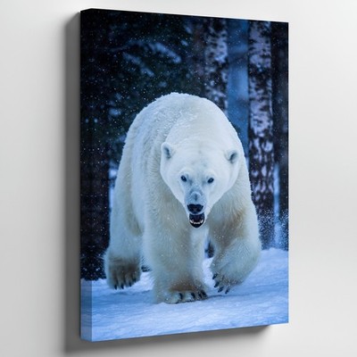 Powerful Polar Bear Strides Through A Snow-laden Landscape Wall Art Canvas Print