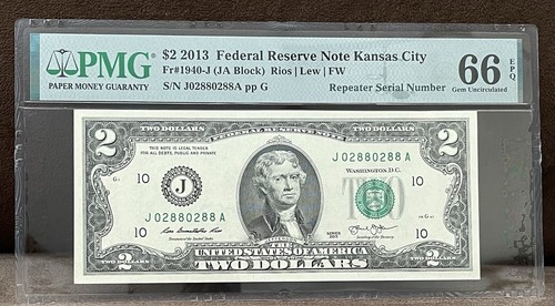 2013 GEM UNC $2 TRINARY REPEATER FANCY SERIAL NUMBER PMG 66 EPQ (02880288) - Picture 1 of 3
