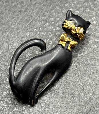 Vintage Black Enamel Cat Brooch Gold Tone Rhinestone Pin MCM Mod *Read