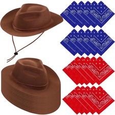 48 Pack Cowboy Hats and Bandanas Set Felt Plastic Cowgirl Hats for Women Men