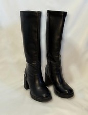 Black Knee High Platform Block Heel Boots Round Toe Faux Leather Zip for Women