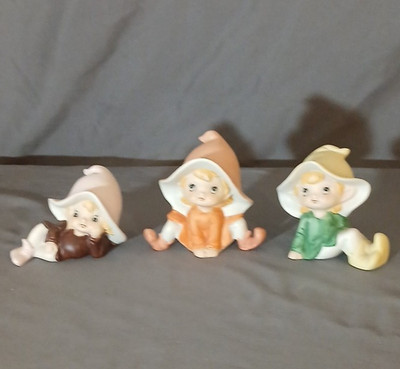 3 Vintage Ceramic Pixie Elf Figurines Big Hats Sitting Pose Brown Orange Green