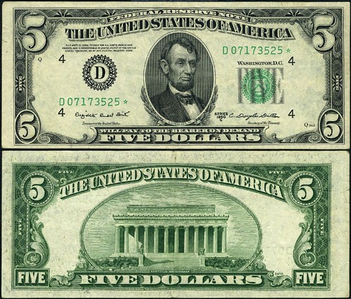 FR. 1964 D* $5 1950-C Federal Reserve Note D-* Block XF Star