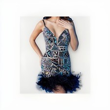 SALE! NEW Jovani Cocktail Sequin Evening Dress Pageant Prom Black Feather Glam