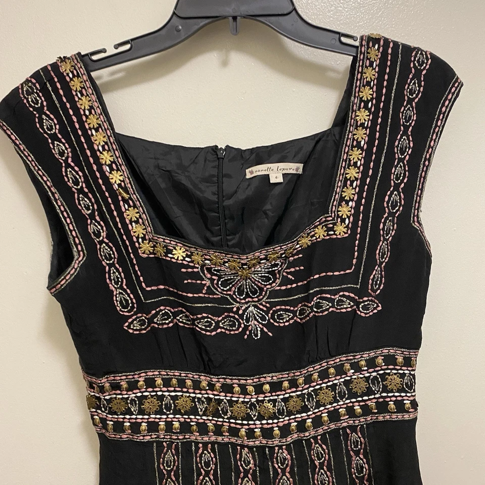 Vestido Nanette Lepore para mujer 4 negro forro de seda bordado pastel Foto 2 de 4