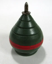 Vintage Toy Wooden Spinning Top w/ Metal Tip Green Red Paint 2.5" Tall