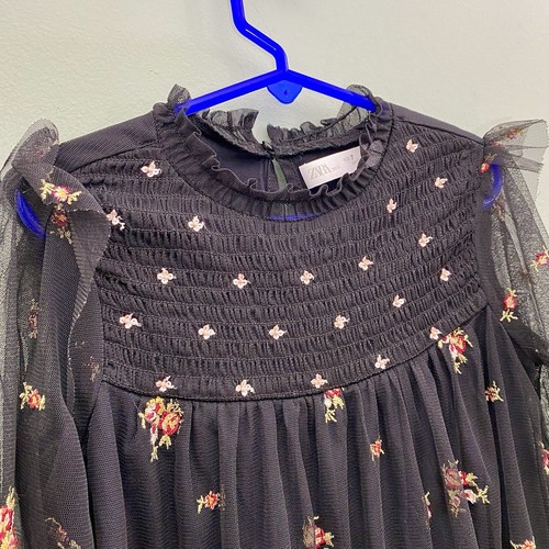 Zara Midi Dress Girls 7 Black Floral Sheer Long Sleeve Lined Witchy Fairygrunge - Picture 4 of 14