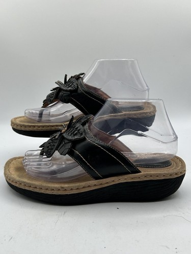 Clarks Thong Sandal Women's Sz 8M Black Floral Open Toe Slip On Leather