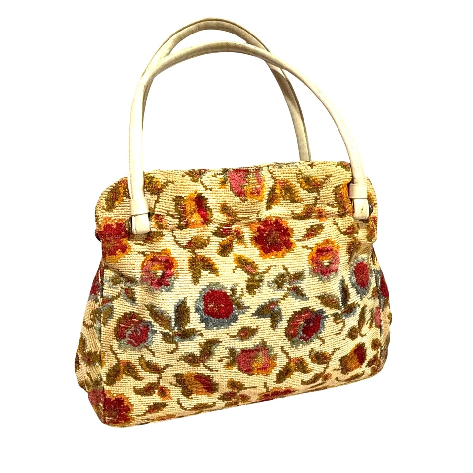 Bolso de mano vintage tapiz de aguja bolsillo libro beige floral abuela Boho Foto 3 de 4