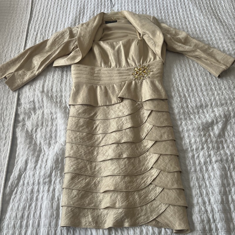 Mother of the Bride Gold Tiered Evening Gown w/ Beaded Waist & Matching Jacket