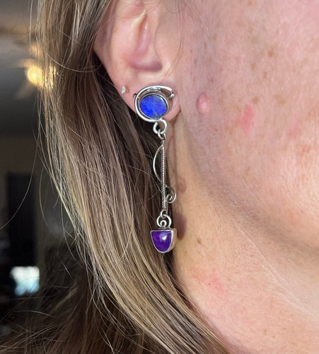 Australian Boulder Opal + Sugilite 925 + 14k Dangle Earrings. 2.5" *Video* - Picture 2 of 11
