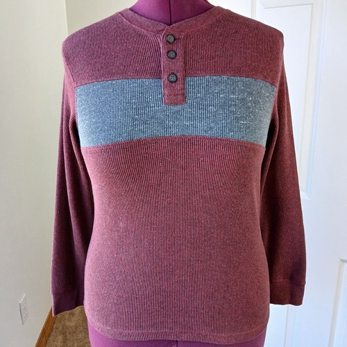 Arizona Jean Co Thermal Waffle Knit Henley L long sleeves burgundy grey stripe - Picture 5 of 10