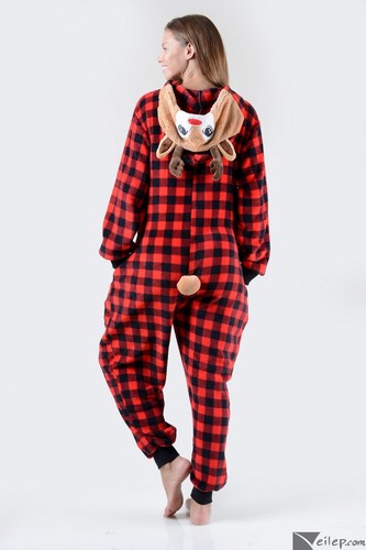 Comfy Plaid Reindeer Holiday Animal Onesi3 One Piece Women Costume, Red Black - Picture 5 of 7