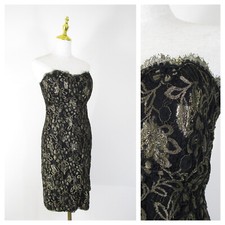 Vintage Victor Costa Gold Metallic Floral Lace Strapless Dress Size 8 Formal