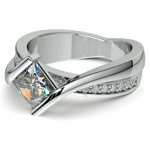 Anillo de compromiso para mujer de 2 quilates corte princesa bypass diamante acabado oro blanco 14 K - Imagen 5 de 9