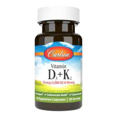 Carlson Labs Vitamin D3 K2 50mcg 90mcg 60 Kapseln Knochen Herz Calcium Nahrungsergänzung