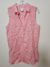 Sigrid Olsen 100% Linen Shirt Dress Pink Coral Button Up Sleeveless Resortwear M