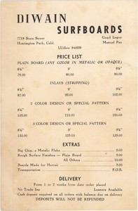 2 ITEMS: 1962 "DIWAIN & DIWAN SURFBOARDS" Price List & Surfboard Rental Flyer!